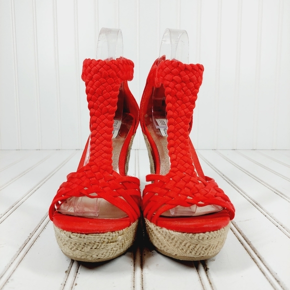 Steve Madden Rise Wedge Heel Espadrille T Strap Red Fabric Heels i850 - Picture 3 of 13